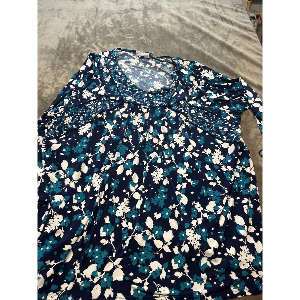 Woman Within 3X Tunic Blue Floral roundneck 3/4 Sleeve Stretch Knit Pullover